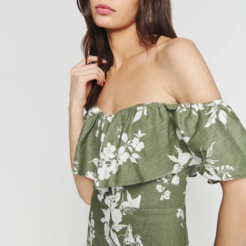 NWOT Reformation Baela Linen Dress in Willow Green White Floral Midi - Picture 5 of 7